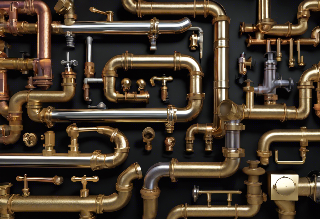 An image showcasing various plumbing pipes with distinct textures, colors, and shapes