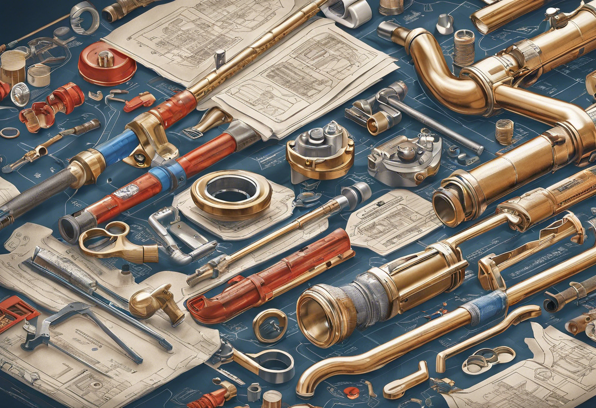 An image of a plumber holding a toolbox and examining a pipe, surrounded by a blueprint and various plumbing tools
