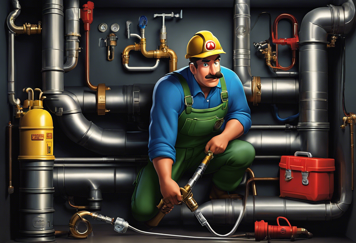An image of a plumber inspecting and cleaning pipes with a flashlight, wrench, and drain snake