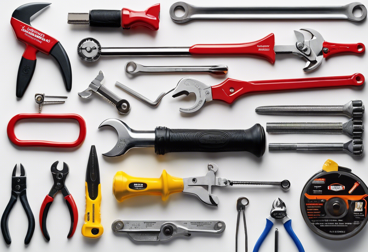 An image showcasing a variety of plumbing tools such as wrenches, pliers, pipe cutters, and augers laid out on a clean, white background