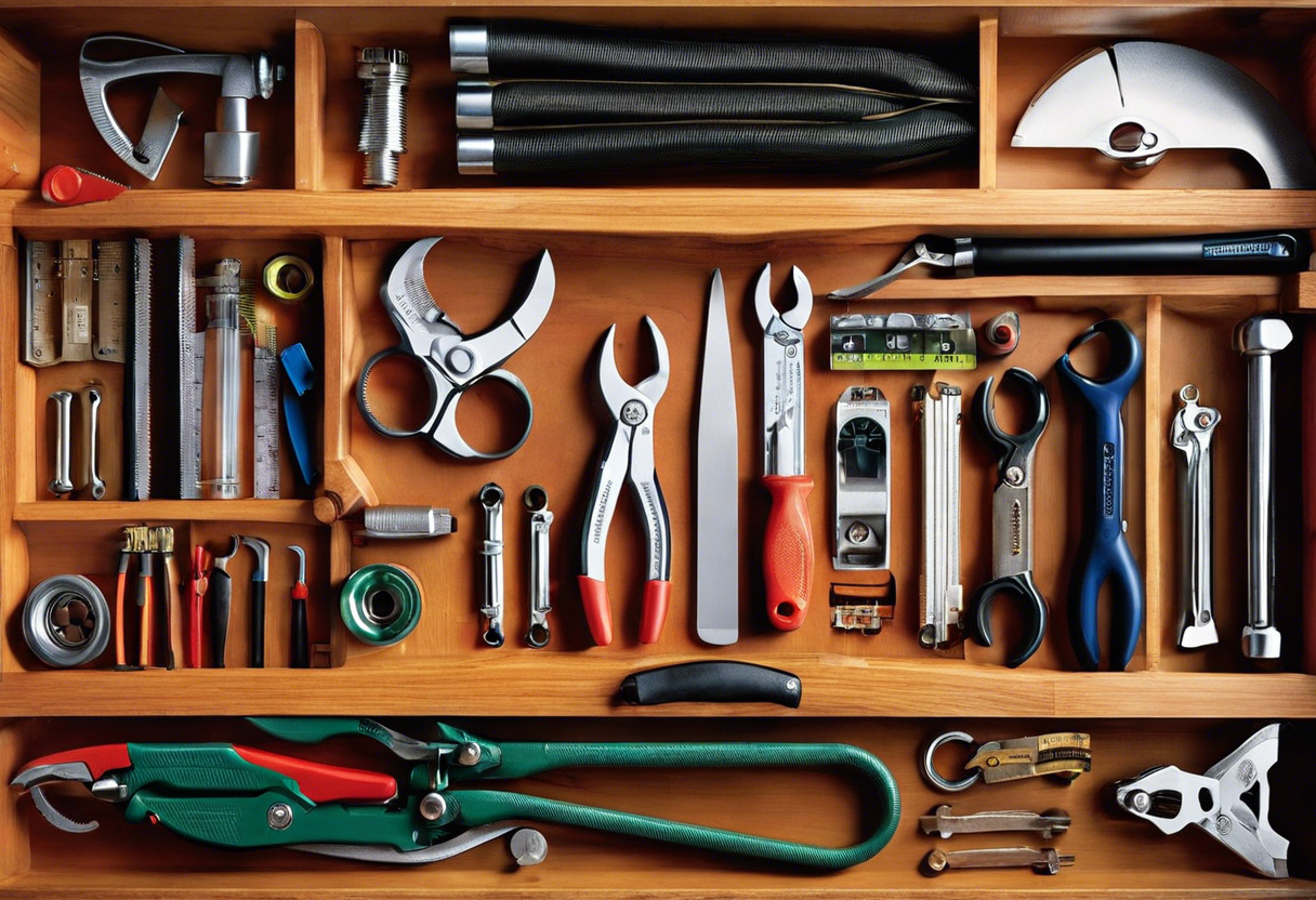 An image of a plumber's tool kit with a wrench, pliers, pipe cutter, Teflon tape, and other tools arranged neatly on a wooden workbench