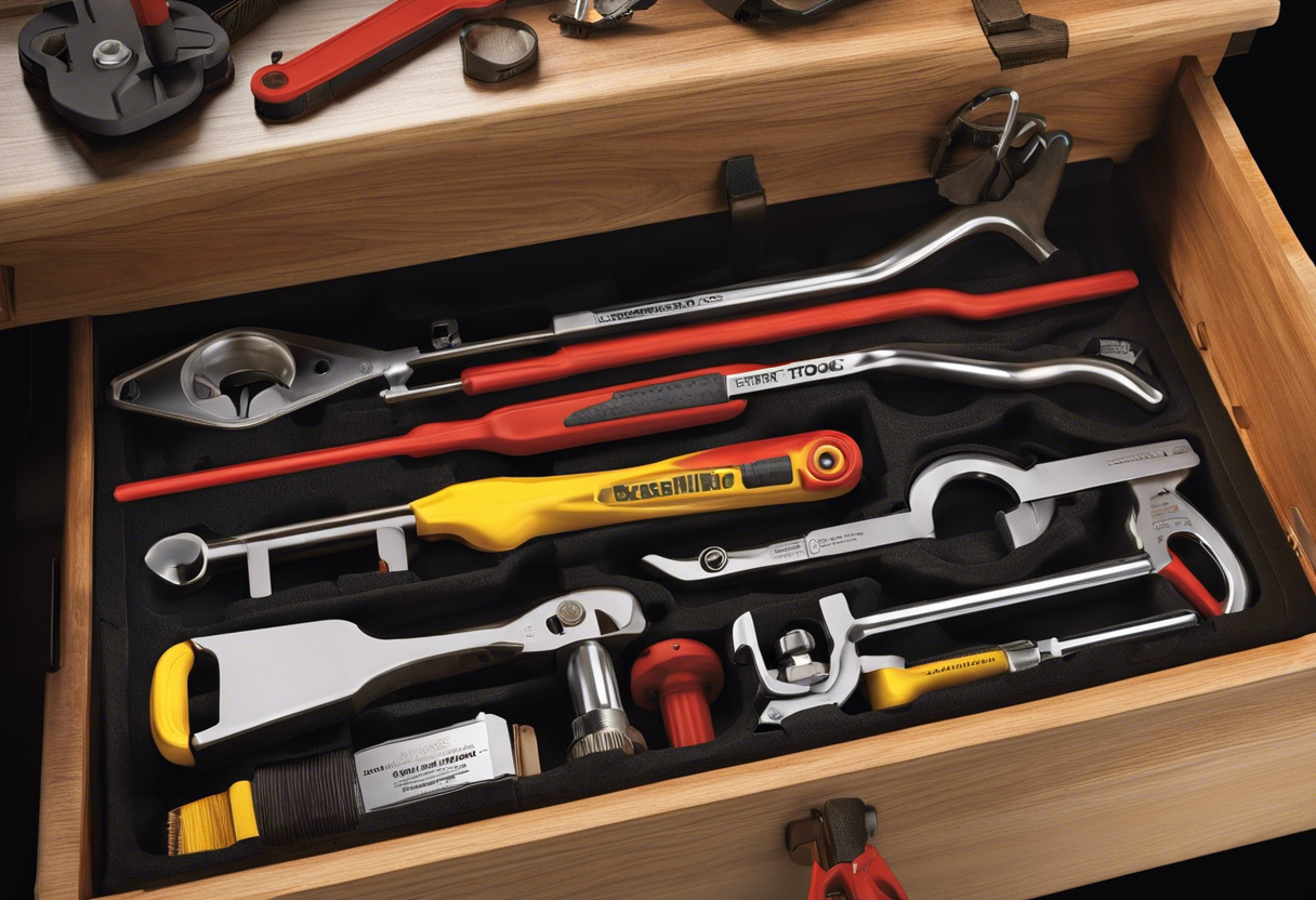 An image showcasing a plumbing toolbox with essential tools such as a pipe cutter, wrenches, pliers, Teflon tape, and a basin wrench