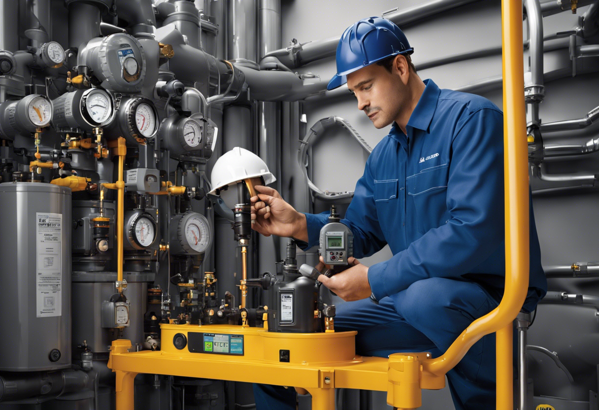 An image of a technician installing a gas meter and regulator with precision and care, showcasing the intricate details of the equipment and the safety measures being taken