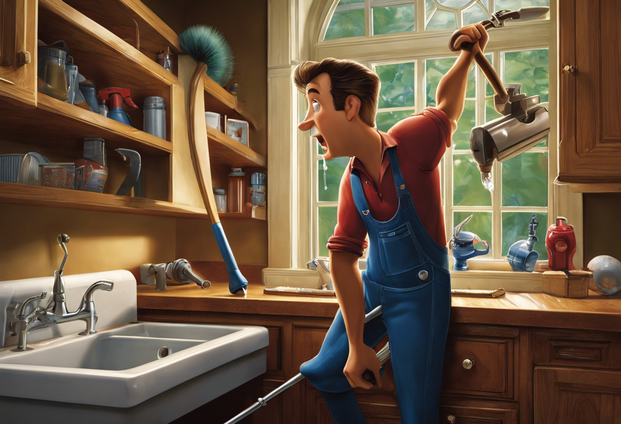 An image of a homeowner holding a plunger and a wrench, standing in front of a sink with water overflowing, while a plumber stands behind them with a toolbox and a confident expression