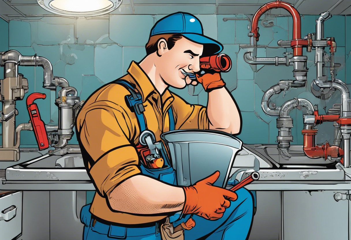 An image of a plumber holding a toolbox, inspecting pipes under a sink
