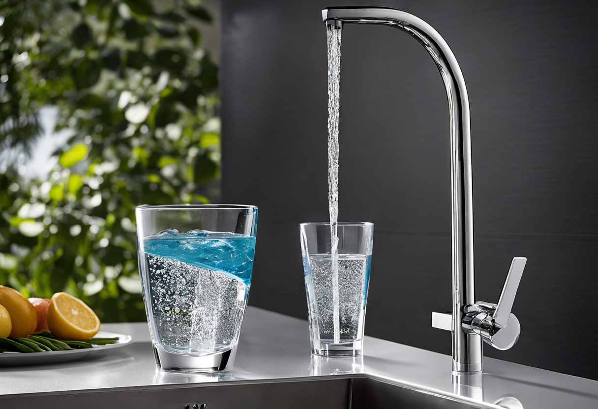An image of a person pouring a glass of crystal clear water from a faucet, with a sleek, modern under-sink water purifier visible beneath the sink