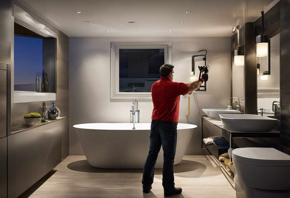 An image of a plumber inspecting pipes and fixtures in a newly constructed bathroom