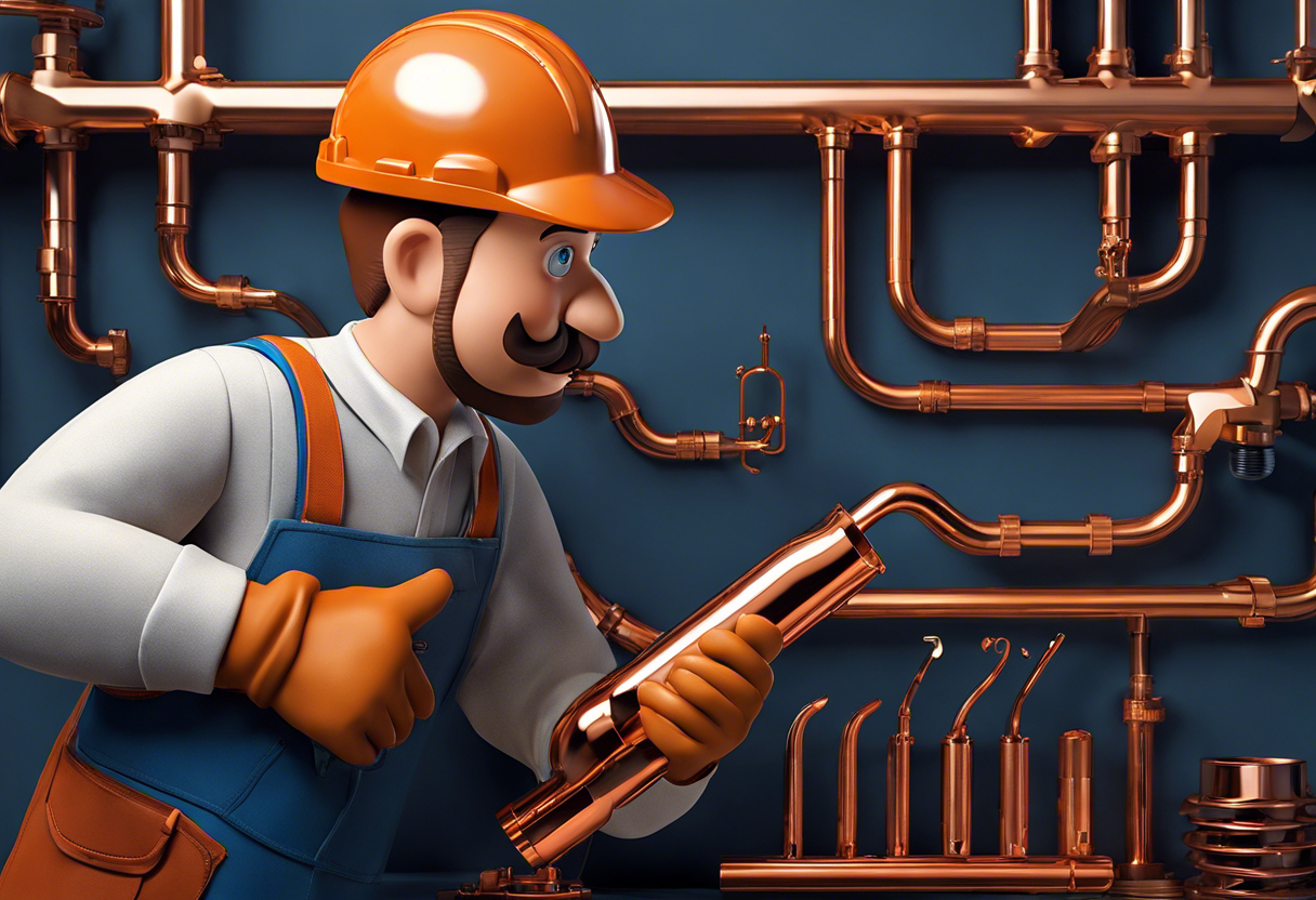 An image of a plumber holding a high-quality copper pipe, inspecting it closely to showcase the importance of selecting reliable plumbing materials