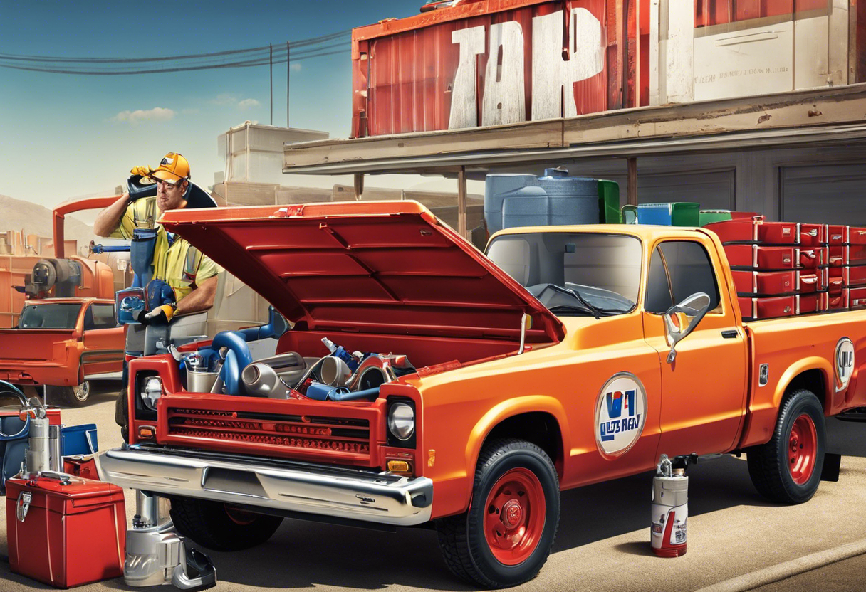 An image of a toolbox filled with plumbing equipment, sitting on a rental truck bed