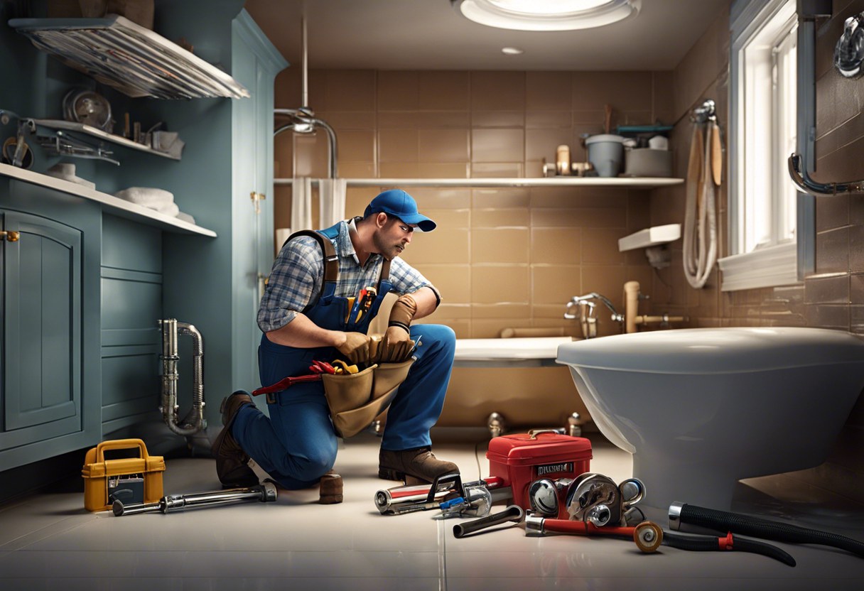 A visual of a plumber holding a toolbox with various pipes and tools spilling out, standing in front of a burst pipe or flooded bathroom