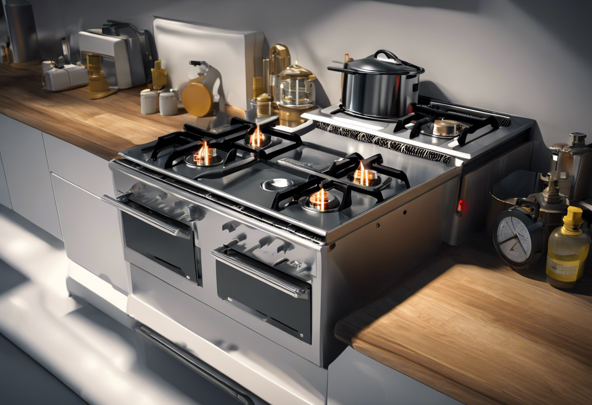 An image depicting a gas stove with a safety valve and a gas leak detector nearby, surrounded by a safety barrier