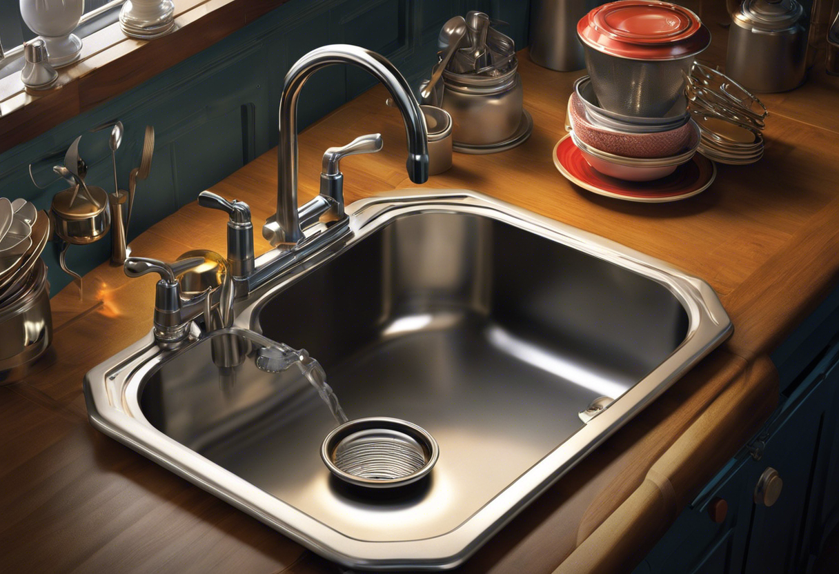 An image of a kitchen sink with pipes and a wrench nearby, surrounded by sparkling clean dishes and utensils