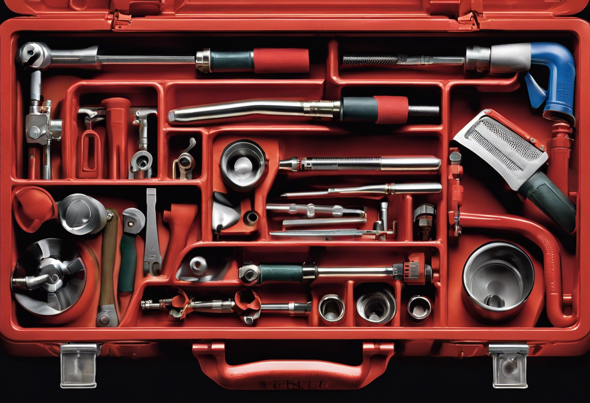 An image of a plumber's toolbox overflowing with tools and equipment, surrounded by pipes and faucets in perfect working order