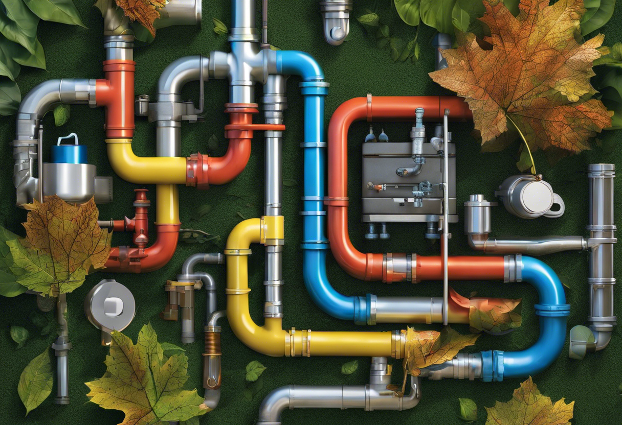 An image of a plumbing system with different weather elements surrounding it, such as snow, rain, sunshine, and leaves, to represent the importance of seasonal maintenance