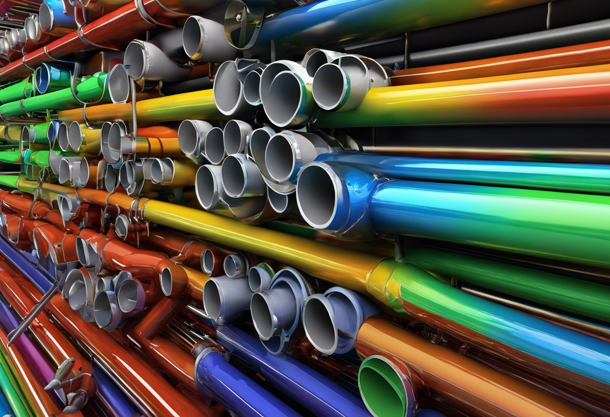 An image that shows a person holding various types of pipes, with each one labeled and color-coded to indicate their suitability for different plumbing projects