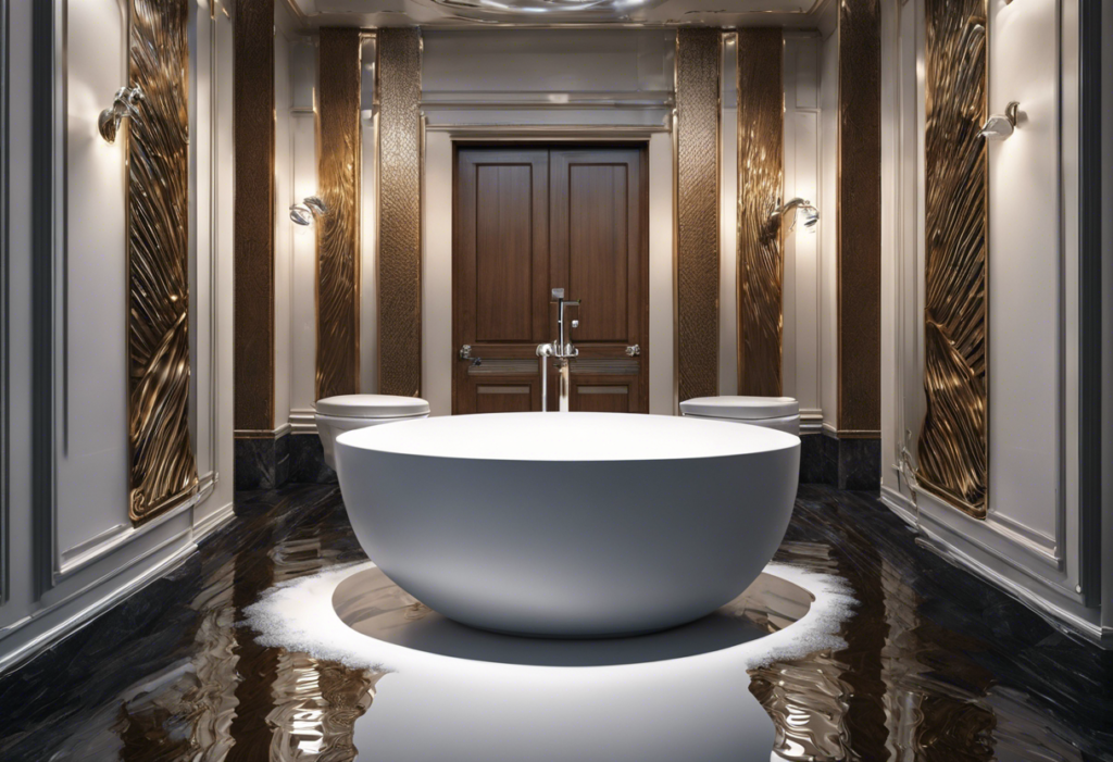 An image of a bathroom with water droplets forming on the ceiling and walls, a puddle forming on the floor, and a small crack visible in the pipes behind the toilet