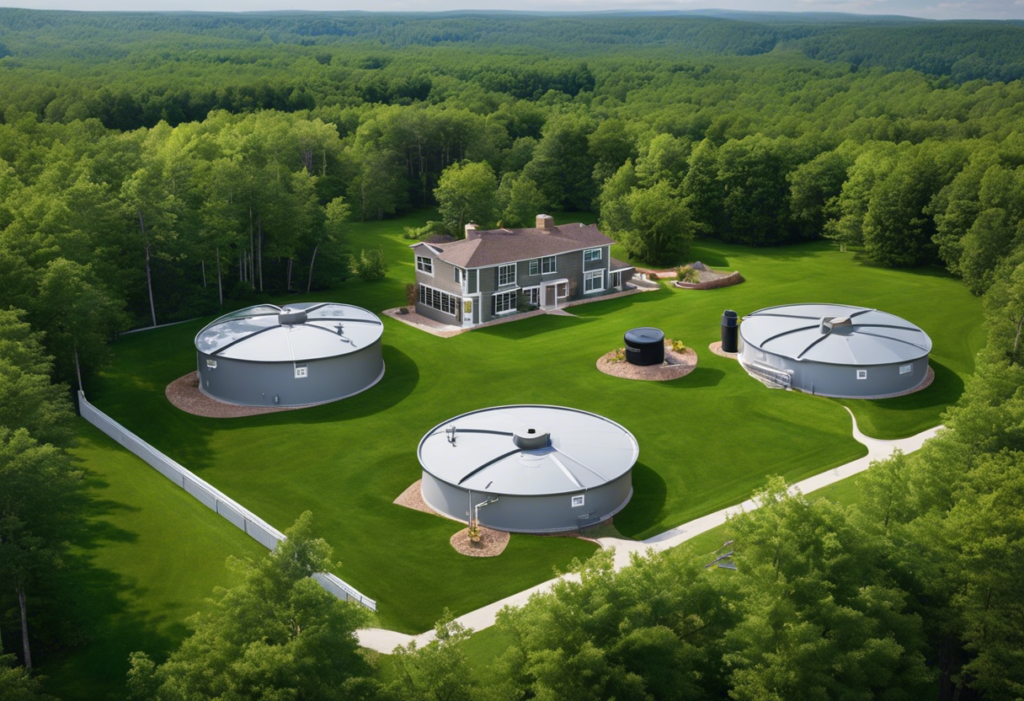 An image showcasing a property with different sizes of septic tanks, including the appropriate size for the property, surrounded by trees and grass