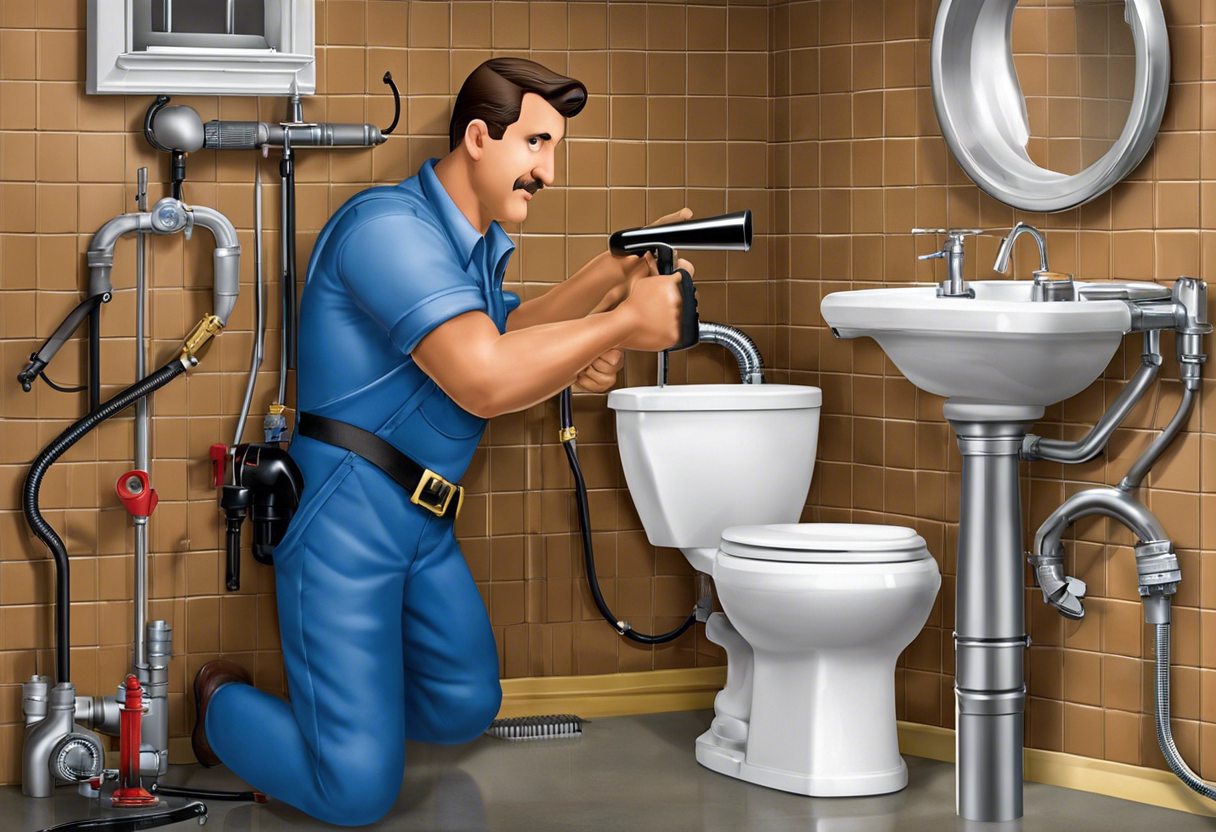 An image of a plumber inspecting and cleaning various plumbing fixtures, such as a toilet, sink, and showerhead