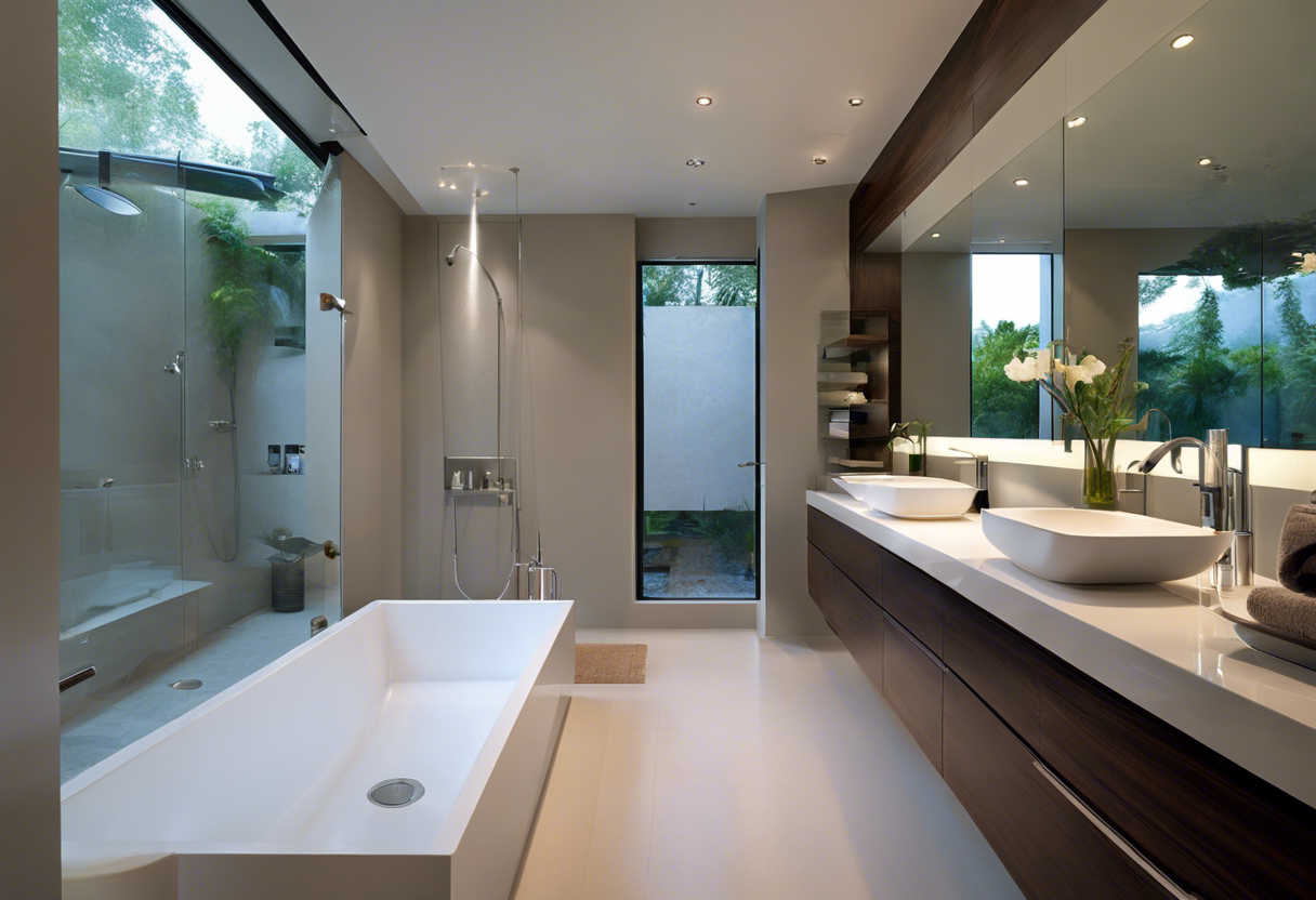 An image of a sleek, modern bathroom with a floating vanity, minimalist fixtures, and a spacious shower with a rain showerhead