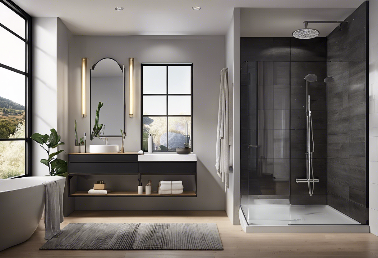 An image showcasing a modern bathroom with sleek, functional plumbing fixtures that suit a busy lifestyle