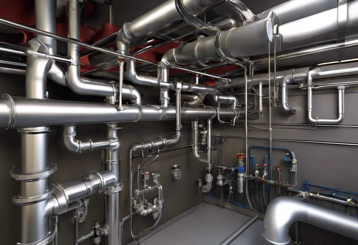 An image of a commercial plumbing system with water-saving features, such as low-flow faucets and toilets, greywater recycling, and rainwater harvesting