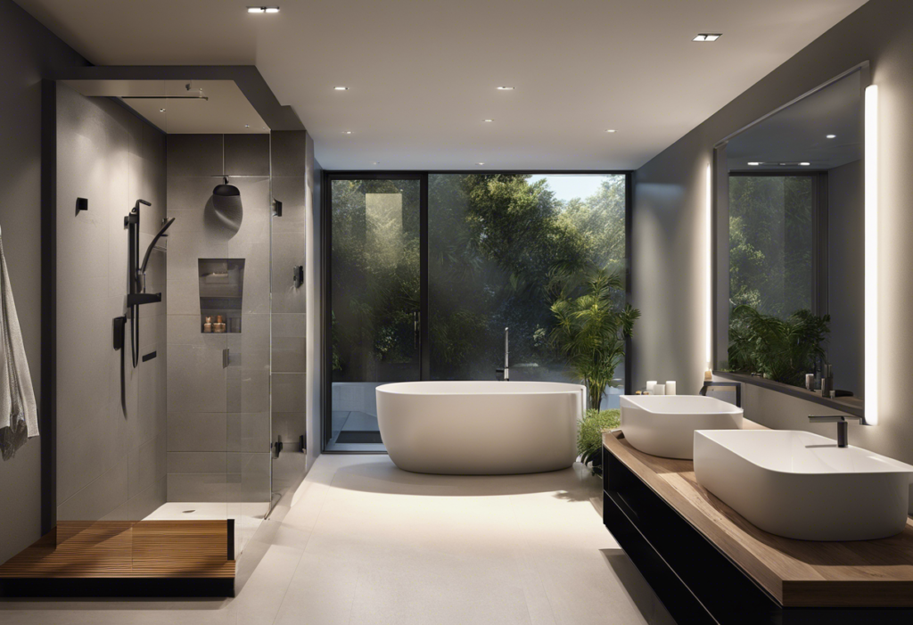 An image of a modern bathroom with a sleek, minimalist design