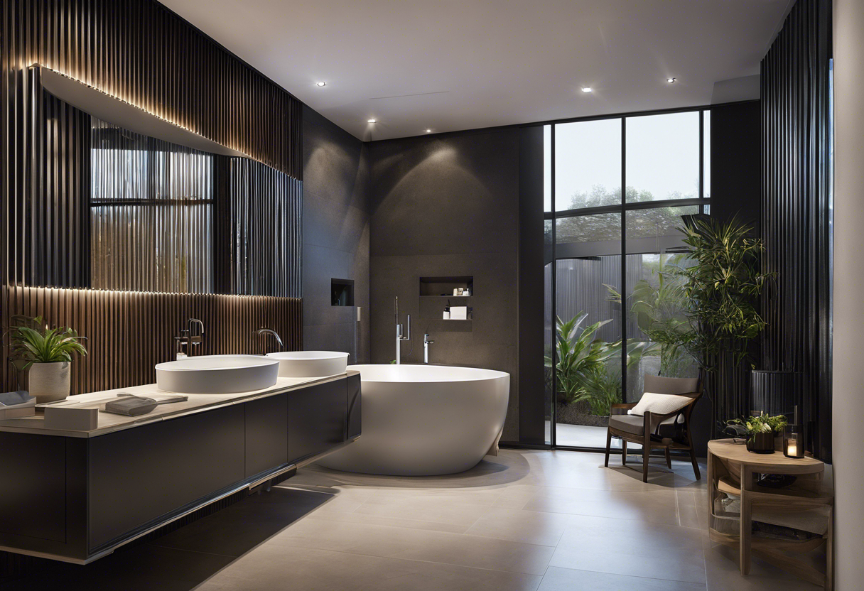 An image of a modern bathroom with a sleek, minimalist design