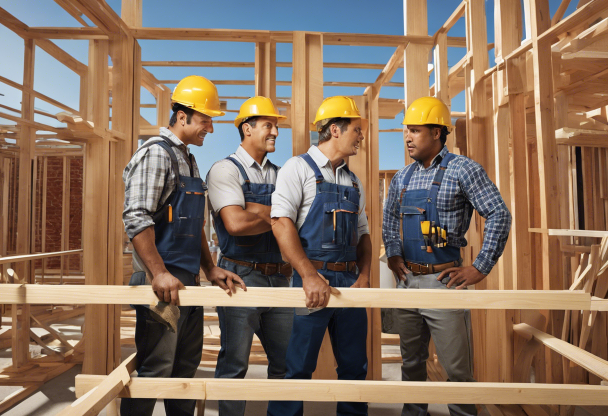 An image of a team of construction workers and plumbers working together on a renovation project