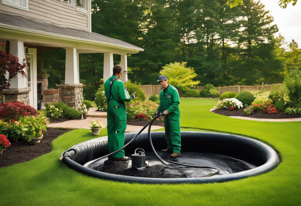 An image of a person in work overalls holding a long hose, standing next to a large septic tank