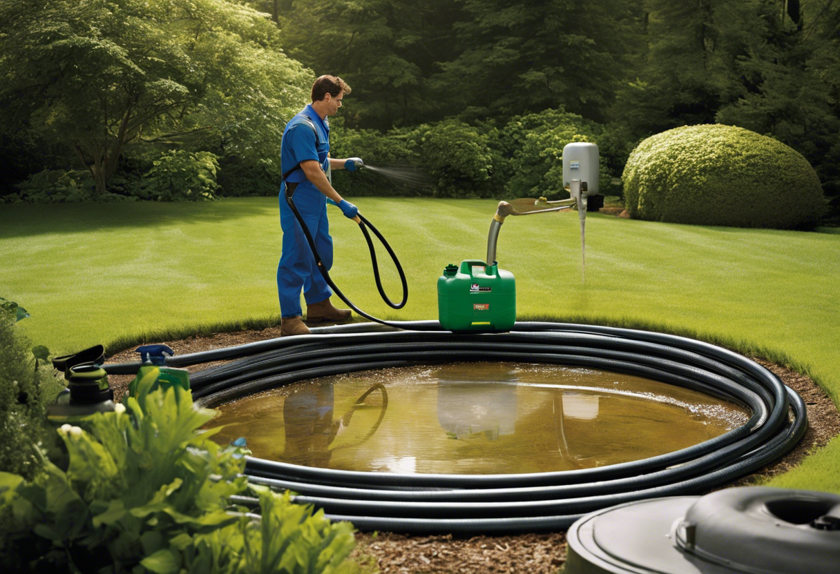 An image of a person in work overalls holding a long hose, standing next to a large septic tank