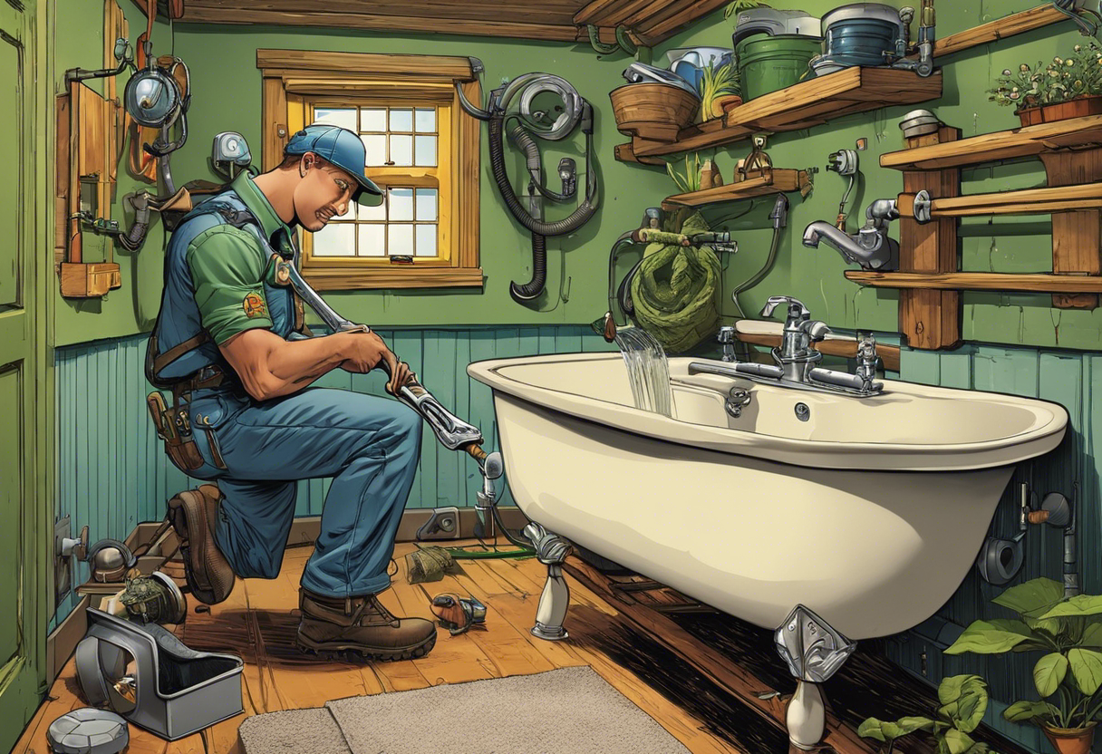 An image of an eco-warrior with a wrench, fixing a leaky faucet in a bathroom with a composting toilet and rainwater collection system visible in the background