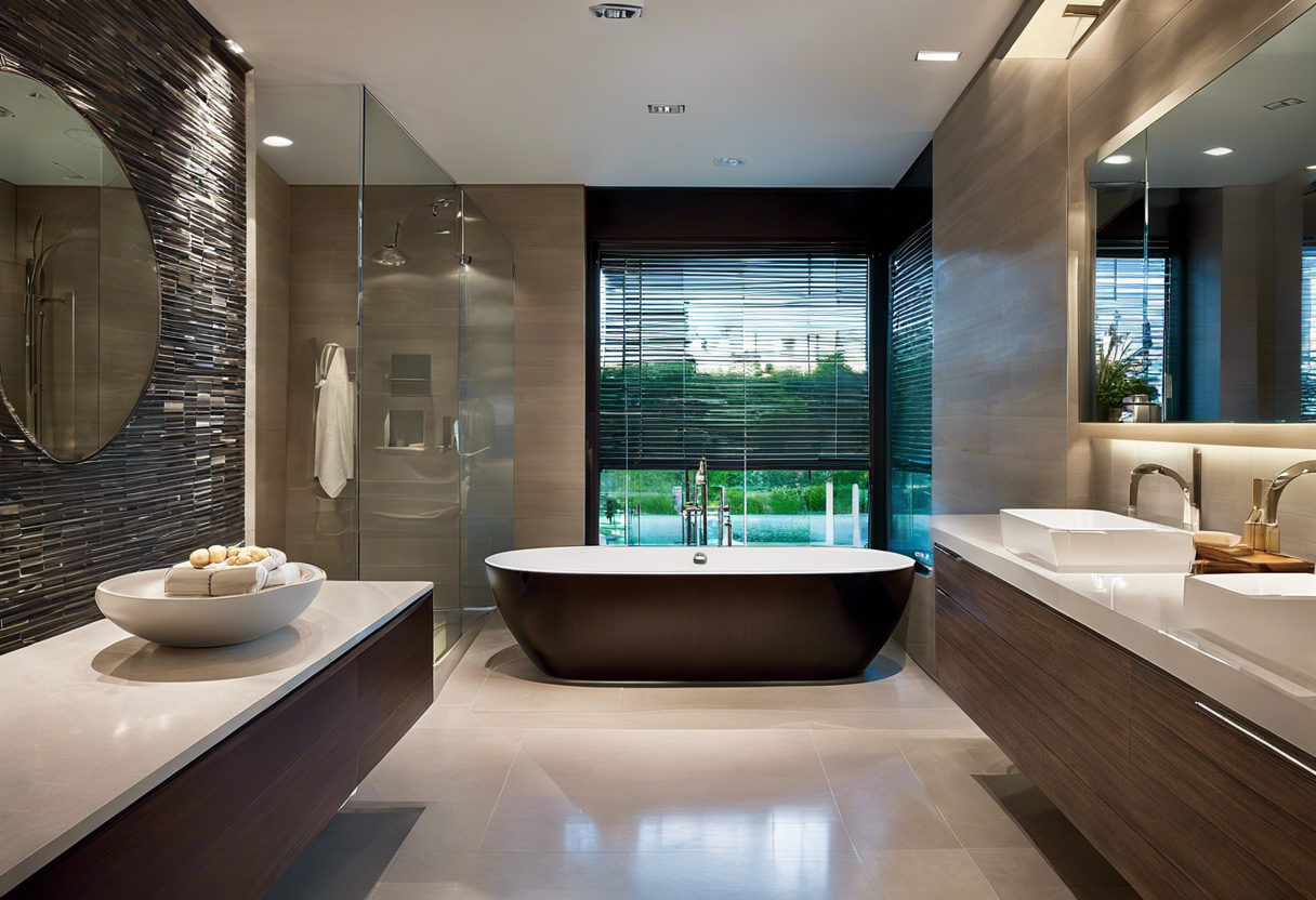 An image of a beautifully designed bathroom with high-quality plumbing fixtures, such as a modern showerhead, a sleek faucet, and a luxurious bathtub