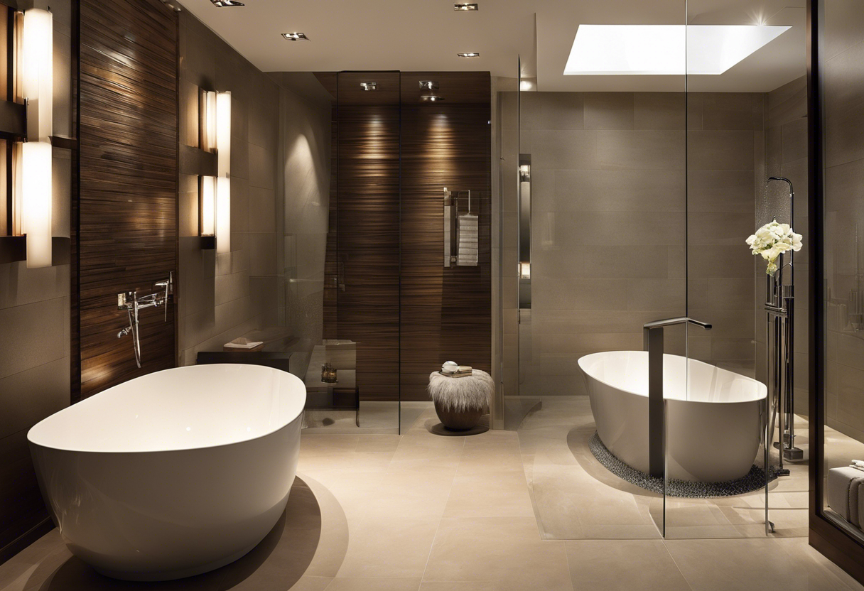 An image of a beautifully designed bathroom with high-quality plumbing fixtures, such as a modern showerhead, a sleek faucet, and a luxurious bathtub