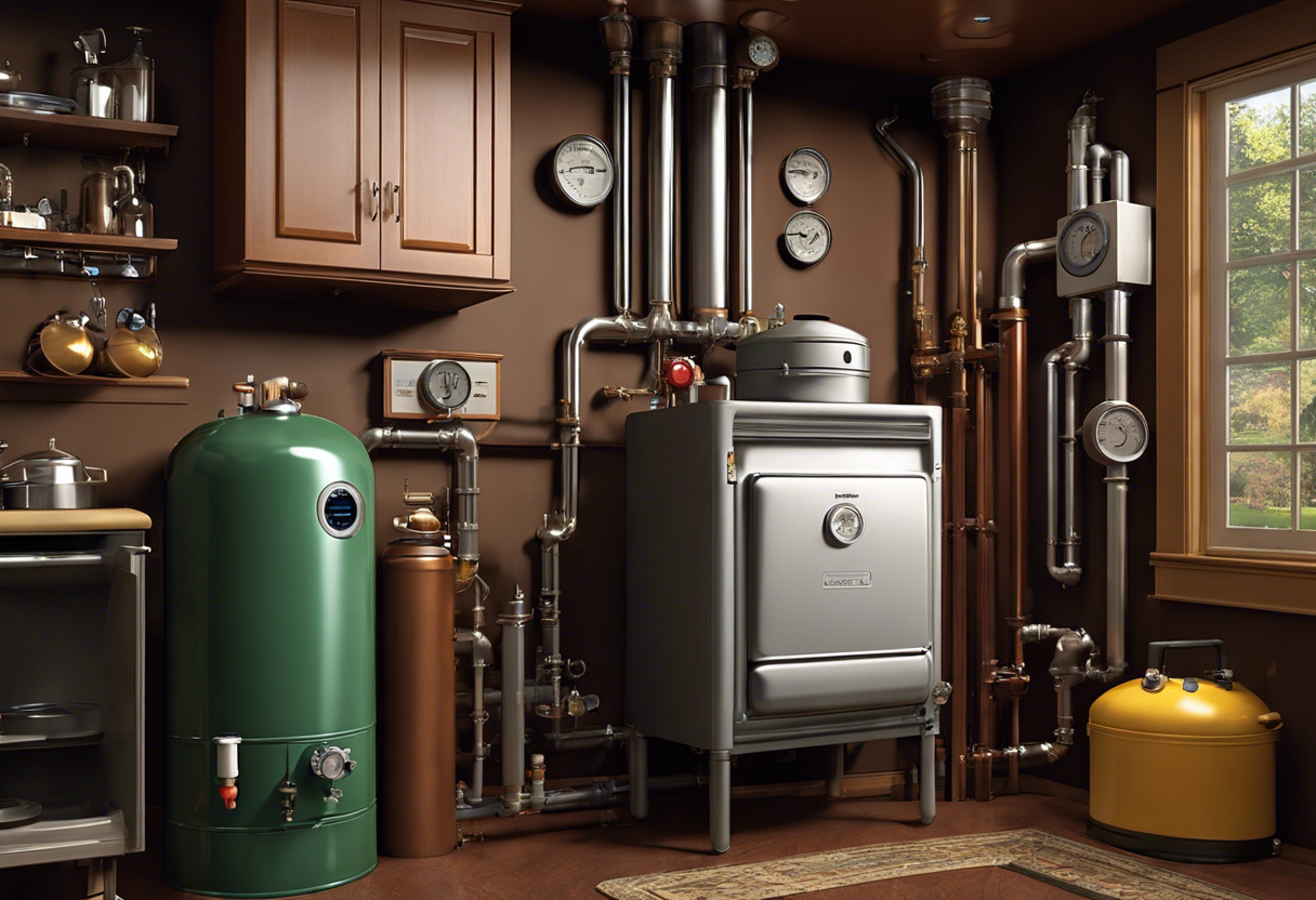 An image of a gas meter, gas pipes leading to appliances such as a stove and water heater, and a plumber's tools, with a house in the background