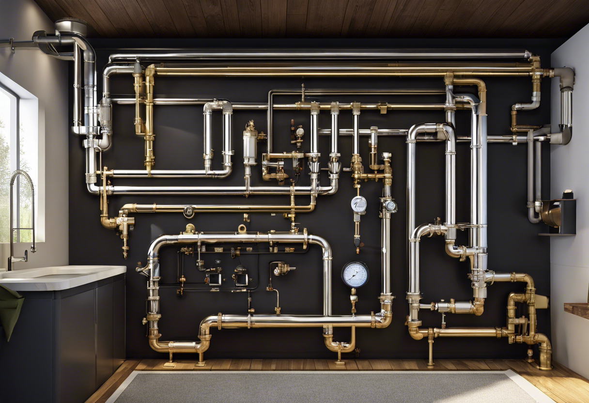 An image that visually represents the water supply infrastructure of a home, using pipes, valves, and faucets