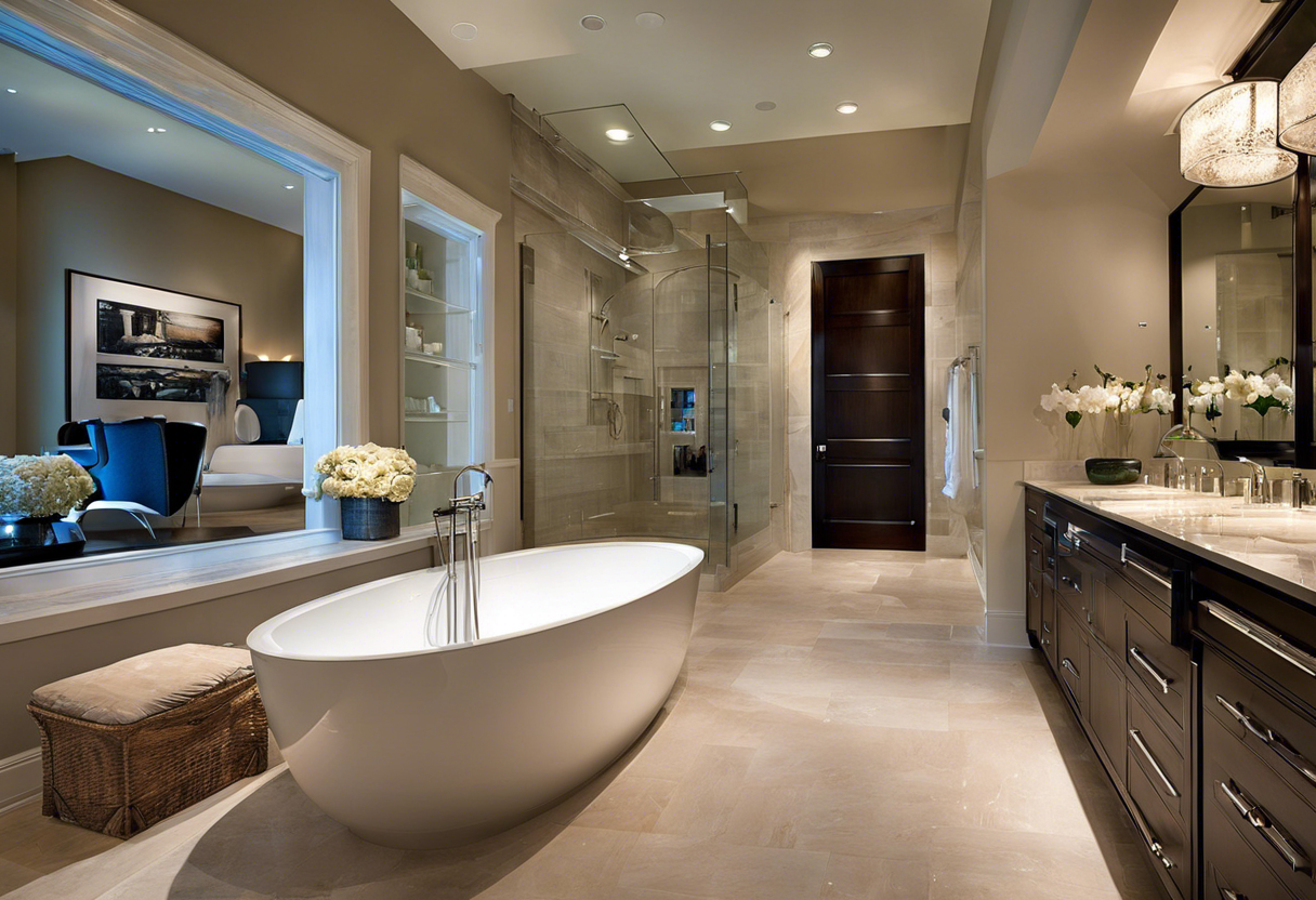 An image of a modern and luxurious bathroom with high-end fixtures, including a rain showerhead, freestanding tub, double vanity, and elegant lighting