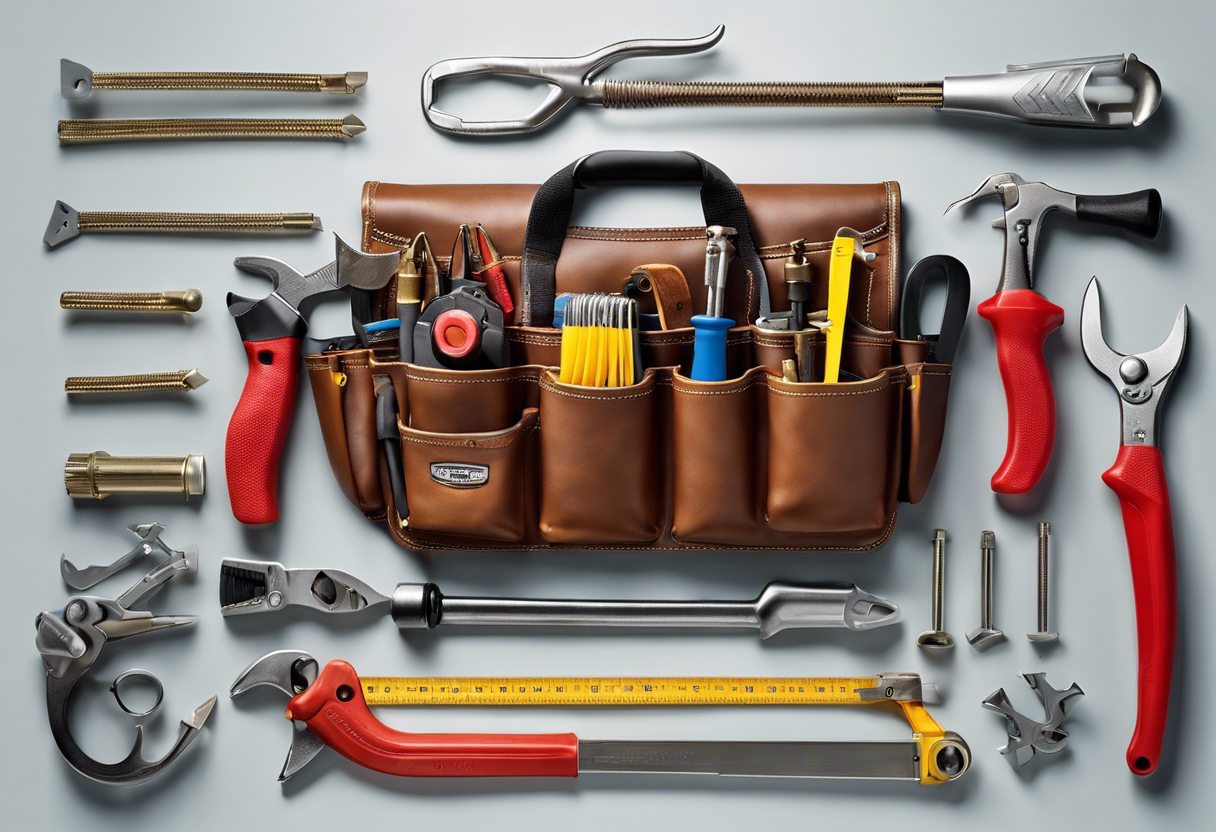 An image of a plumber's tool belt with various plumbing tools and equipment, including wrenches, pliers, cutters, and soldering irons, neatly organized and ready for use