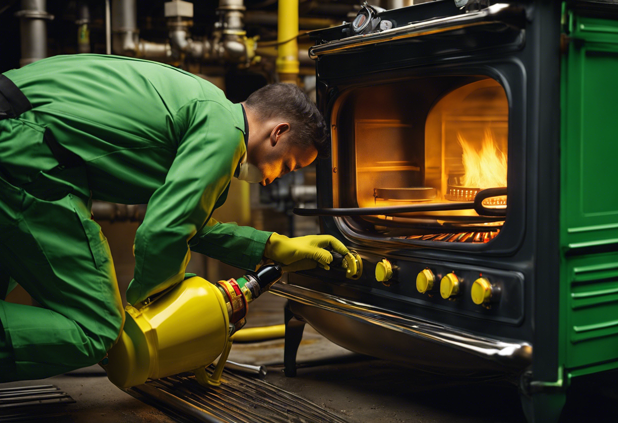 An image of a gas stove with a yellow gas flame and a hand holding a gas detector device, while standing in front of dark pipes with a faint green gas cloud escaping from a leak