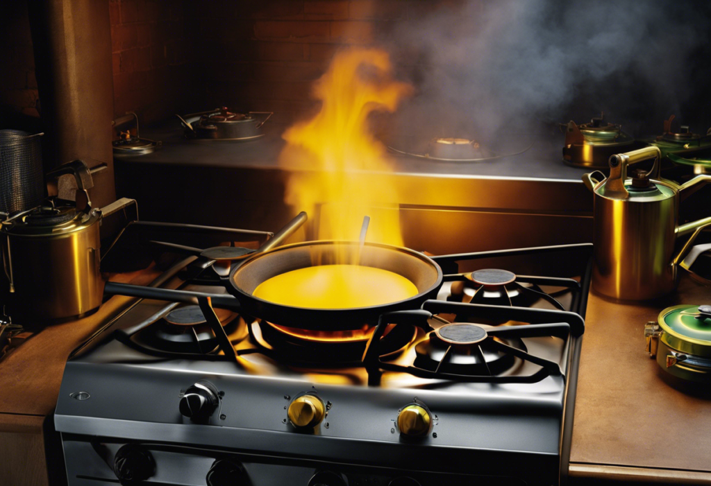 An image of a gas stove with a yellow gas flame and a hand holding a gas detector device, while standing in front of dark pipes with a faint green gas cloud escaping from a leak