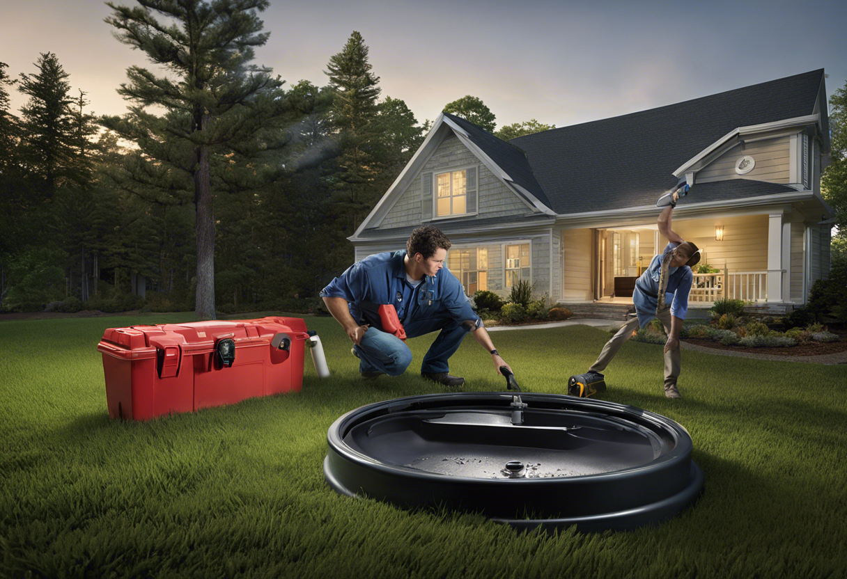 An image of a homeowner inspecting their septic tank with a flashlight, while a professional plumber stands nearby with a toolbox