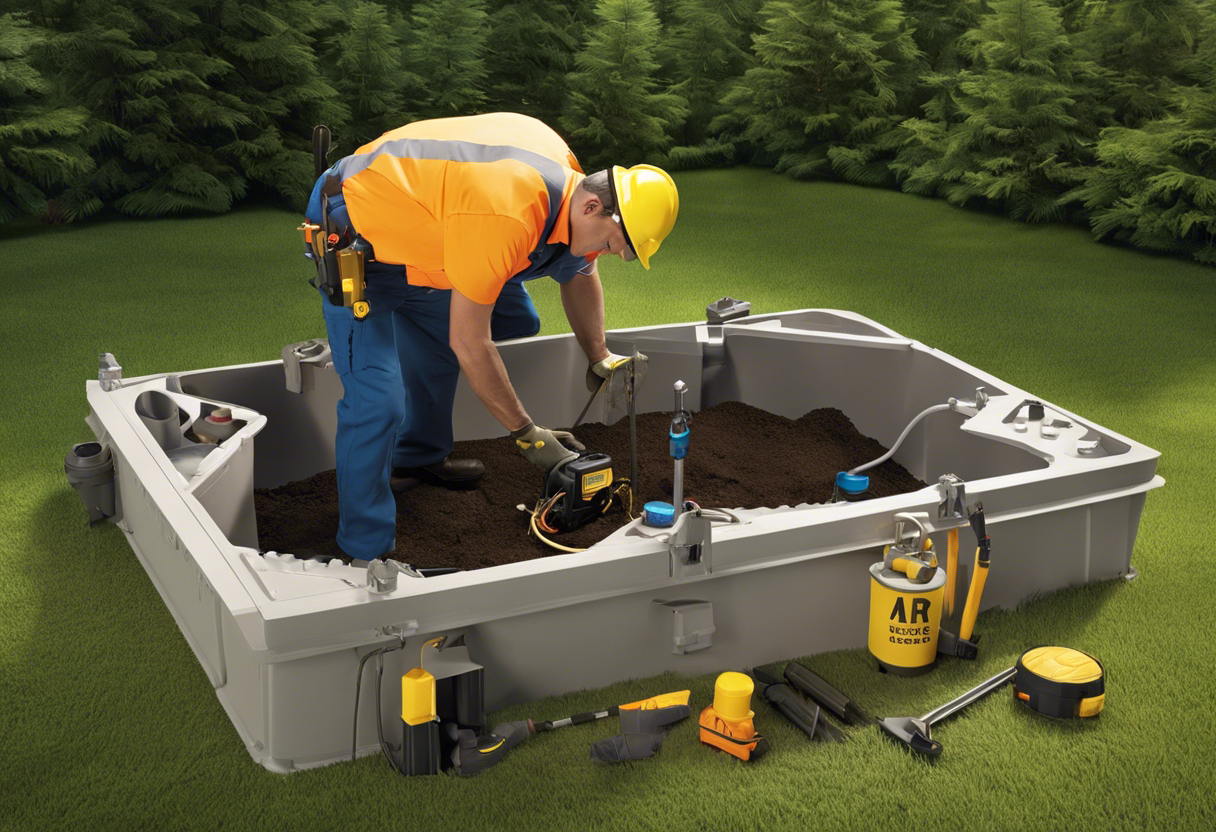 An image of a professional septic system technician inspecting and maintaining a septic tank, surrounded by various tools and equipment