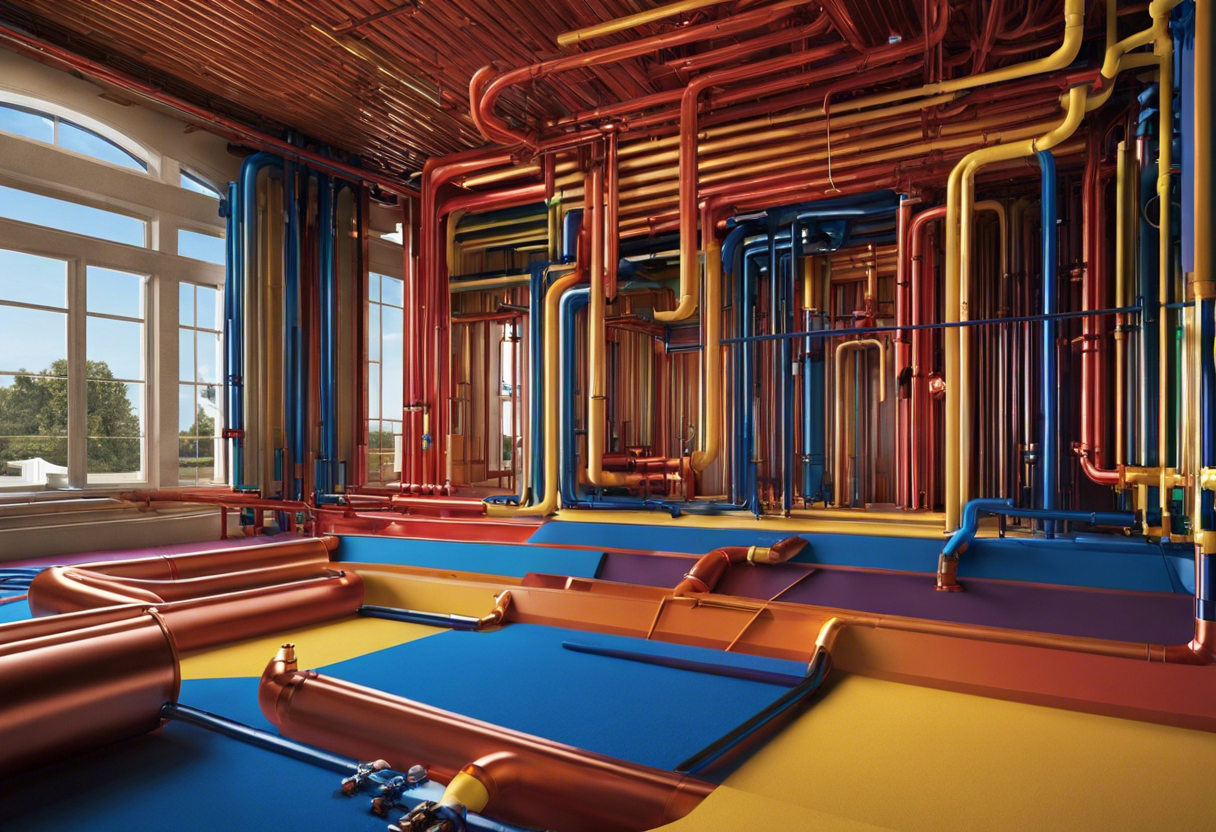 An image of a house with different colored pipelines running through the walls, floors, and ceilings