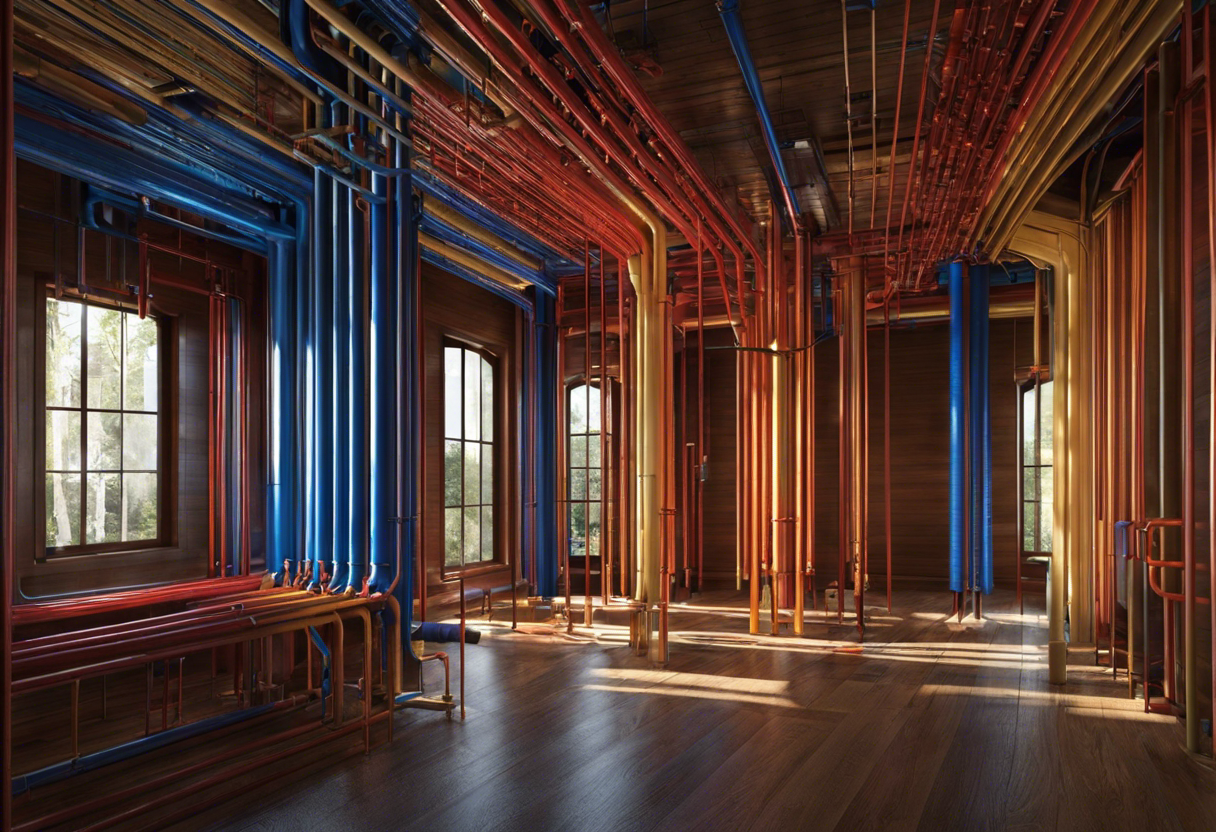 An image of a house with different colored pipelines running through the walls, floors, and ceilings