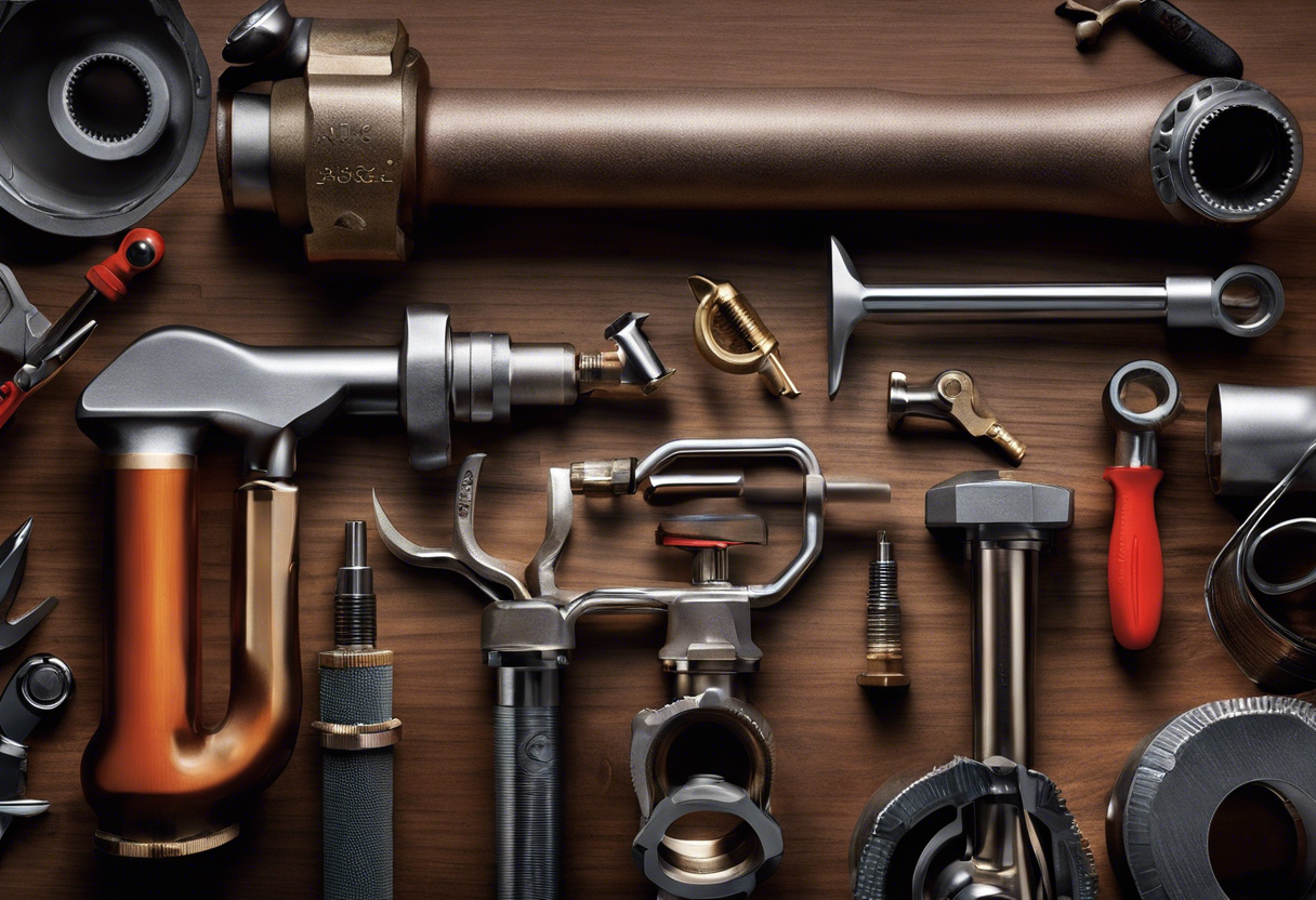 An image of a set of plumbing tools, meticulously arranged on a clean workbench