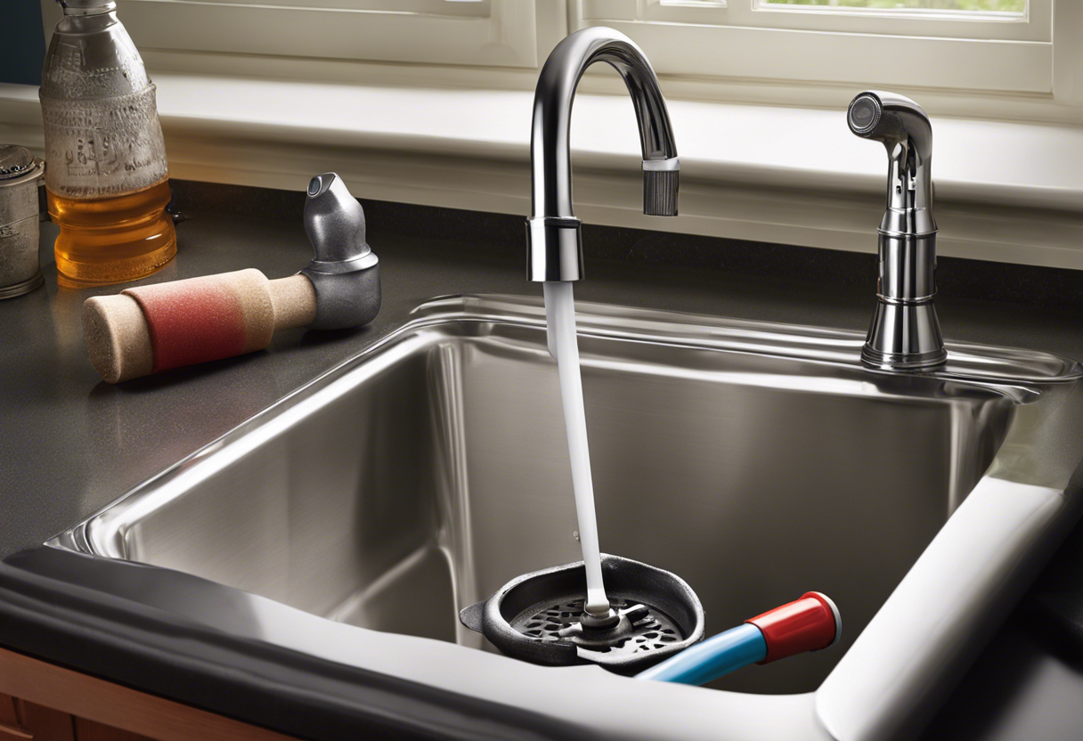 An image of a wrench and a plunger sitting on a countertop next to a leaky faucet and a clogged drain