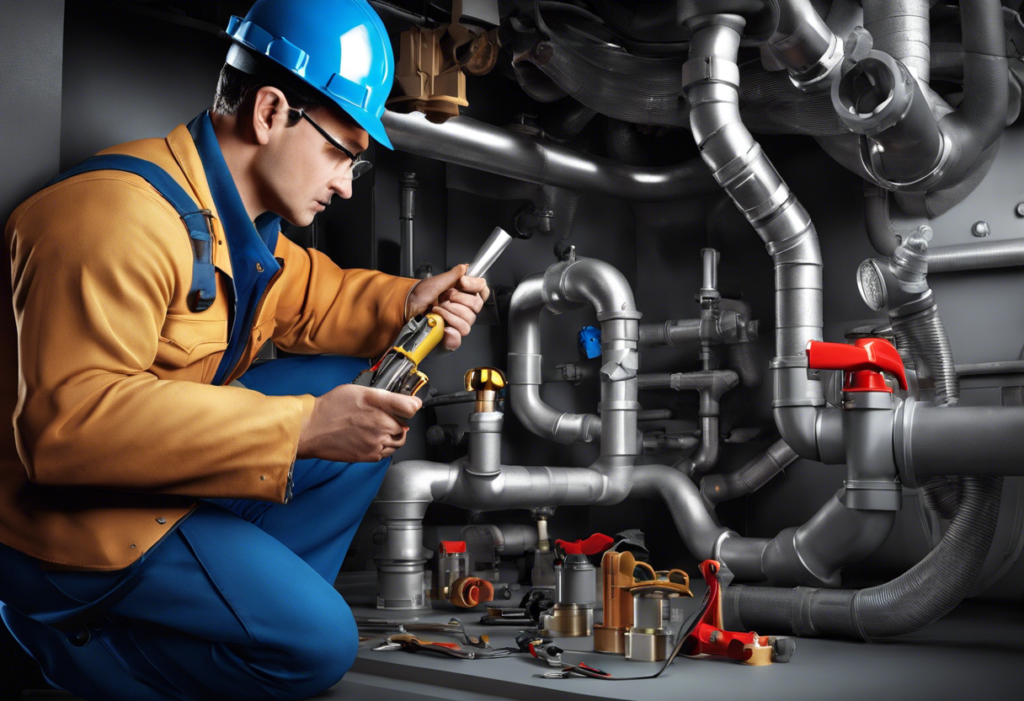 An image of a plumber with a toolbox, examining pipes and fixtures in a commercial setting