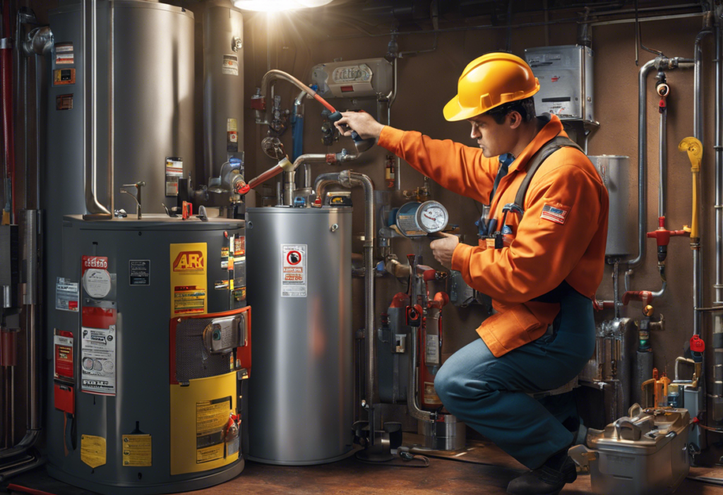 An image of a person with a toolbox, standing in front of a hot water heater with various parts labeled