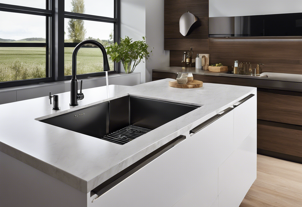An image showcasing sleek, modern plumbing hardware in a stylish, upgraded kitchen