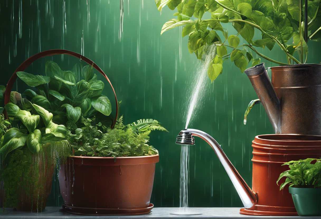 An image of a person turning off a dripping faucet, with a rain barrel and low-flow showerhead in the background
