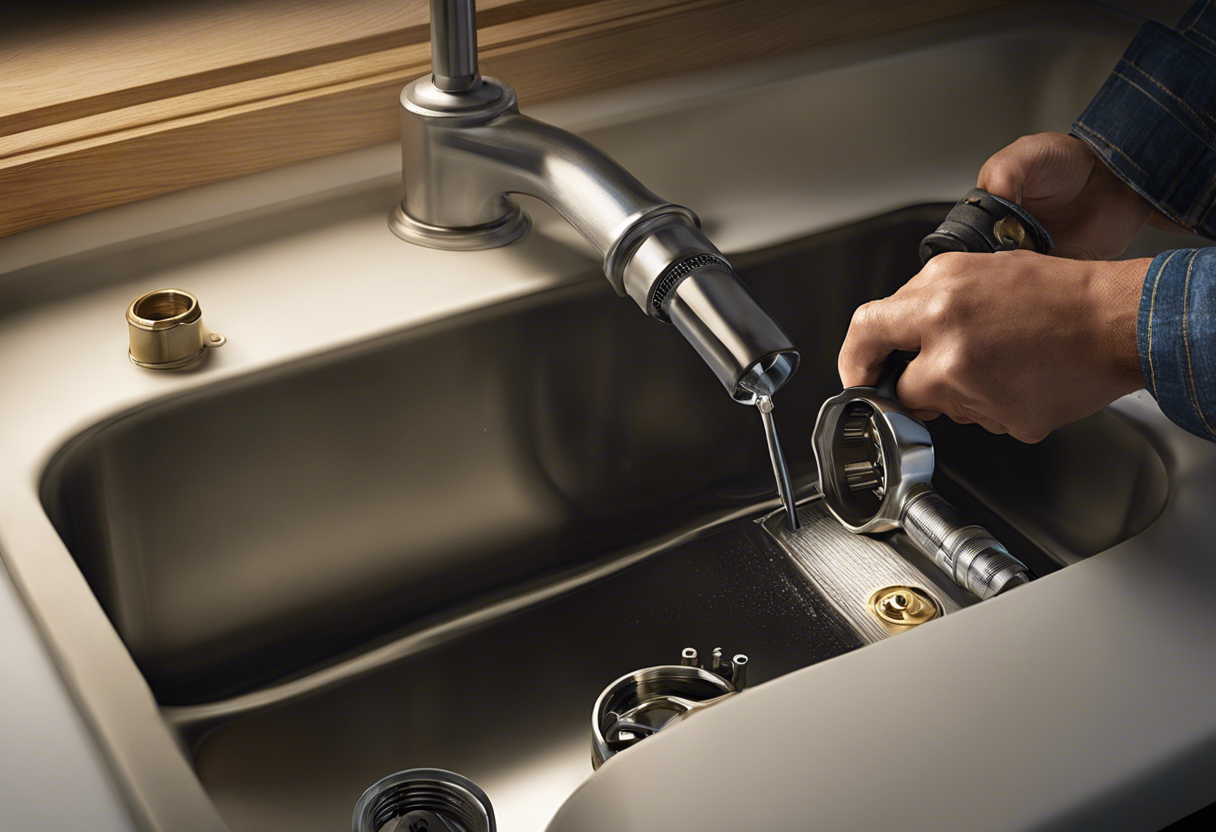 An image of a person using a wrench to tighten a pipe under a sink, with water droplets shown around the area to show a leak has been repaired